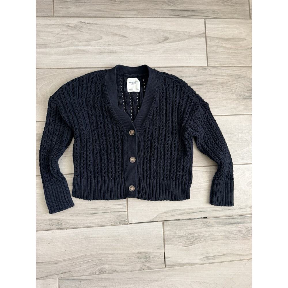Abercrombie & Fitch Women's Black Open Knit Button Cardigan Sweater L ES